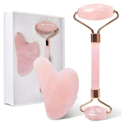 Produktbild von Jade-Roller und Gua Sha Set aus Rosenquarz, Gesichtsroller für Frauen, Massagewerkzeug für Gesicht, Hals und Körper, Rosa