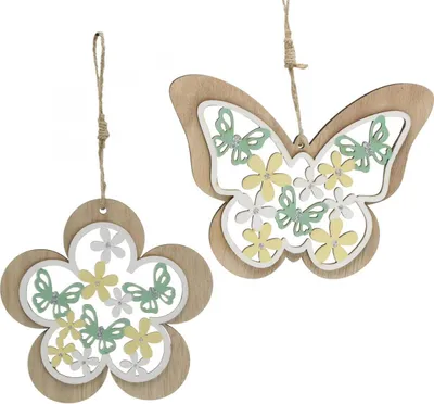Produktbild von Schmetterling zum Hängen, Holzanhänger Blume Frühlingsdeko, Fensterdeko mit Glitter Set 4 Stück
