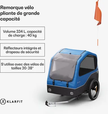 Image de Klarfit Goldie Home remorque de vélo pour chiens, volume 334 L, imperméable, réflecteurs & drapeau de sécurité, capacité de charge 40 kg, pliante, roues de 16 pouces, bleue