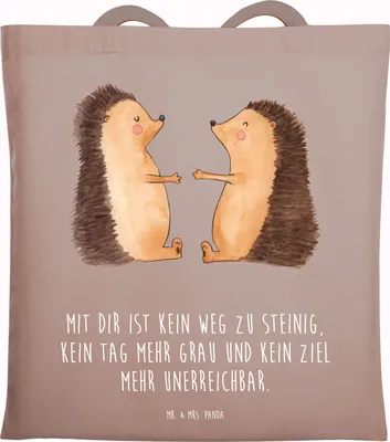 Produktbild von Mr. & Mrs. Panda Tote Bag Igel Liebe - Braun Pastell - Geschenk, Freundin, Shopping Tasche, Einkaufstasche, Verlobung, Uni, Laptoptasche, Hochzeit, Schultasche