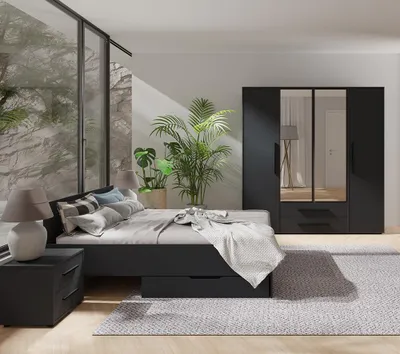 Produktbild von Schlafzimmer-Set mit 160x200 cm Bett & Kleiderschrank, schwarz matt mit schwarzen Griffen, modern, 6-teilig - MOLLERUSA-132