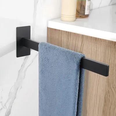 Image de Porte-serviettes noir 37 cm, autocollant, en acier inoxydable brossé, sans perçage, porte-serviettes mural pour cuisine et salle de bains, porte-serviettes pour invités