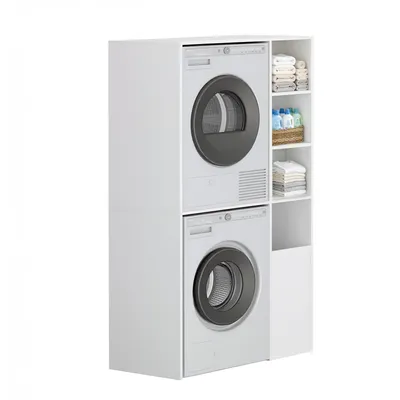 Produktbild von FobyFurny Waschmaschinenschrank für Waschmaschine Wäschetrockner DOPPELT Hochschrank für Trockner & Waschmaschine, mit Wäschekorb, off. Regalböden