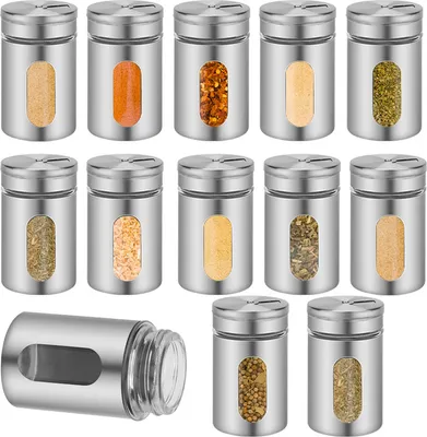 Produktbild von VINGO Gewürzstreuer, 12er Set, Salz & Pfeffer,80ml Glas-Gewürzgläser mit Sichtfenster & 3 Streugrößen zur Aufbewahrung von Gewürze ,Silber