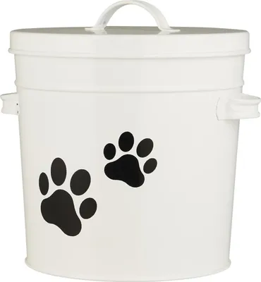 A white metal storage container with paw print decals.