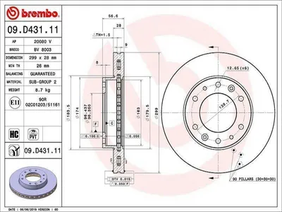 Produktbild von 2x BREMBO Bremsscheibe 09.D431.11 für HYUNDAI H350 Kasten H350 Bus 57mm 299mm