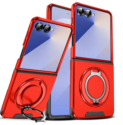 Produktbild von Handyhülle für Samsung Galaxy Z Flip7 Dual-Layer Stoßfest Militär Hülle mit Magnetisch Ring Ständer Rot