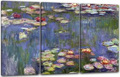 Produktbild von Leinwandbild 3-teilig (120x80cm): Claude Monet - Seerosen, echter Holz-Keilrahmen inkl. Aufhänger, handgefertigt in Deutschland