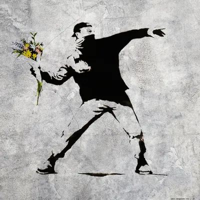 Produktbild von Banksy Kunstdruck Bild - Der Blumenwerfer, Graffiti Streetart (40 x 40 cm)