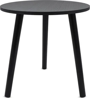 A black round side table with three legs on a white background.