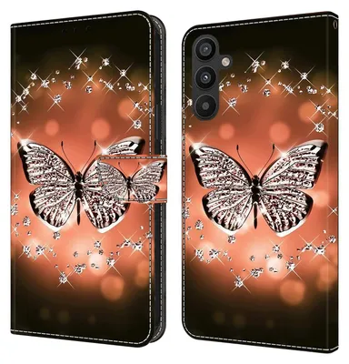 A collage showing a phone case with a butterfly and diamond pattern, displayed in both open and closed positions.
