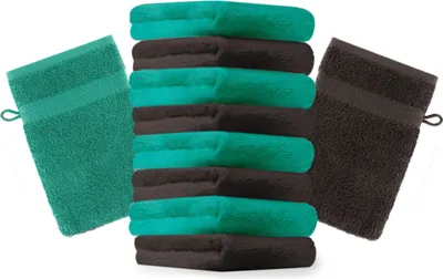 Produktbild von Betz 10 Stück Waschhandschuhe 16x21 cm PREMIUM 100% Baumwolle  Farbe: smaragdgrün und dunkelbraun
