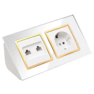 Produktbild von Glas Ecksteckdose Steckdose 2xRJ45 Steckdosenblock 45° Verteilerdose weiß mit goldenem Rand.