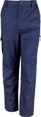 A pair of navy blue work pants shown from the front.