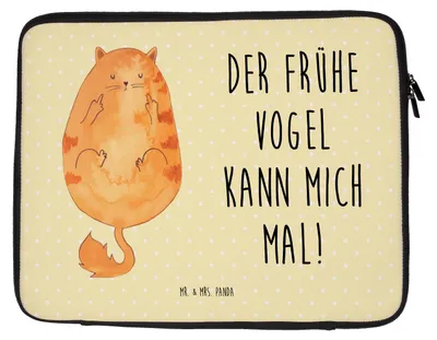 Produktbild von Mr. & Mrs. Panda Tasche Laptop Katze Frühaufsteher 27 x 36 cm - Gelb Pastell - Geschenk, Laptoptasche, Kaffee, Genervt, Schutzhülle, Kater, Computertasche, Hülle, Katzen