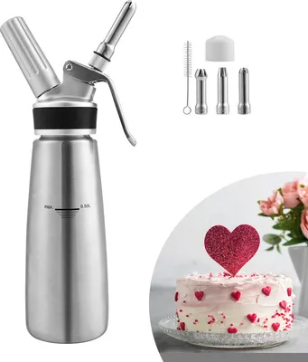 Image de Jiubiaz Distributeur de crème en acier inoxydable Chantilly 500ml Siphon à crème avec 3 buses décoratives en acier inoxydable Distributeur de crème fouettée Pour les desserts Pâtisseries Crème, sauces et autres