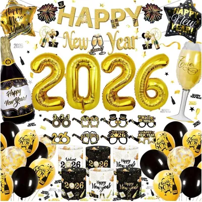 Immagine prodotto di Set di decorazioni per Capodanno 2026, formato XXL, nero e oro, 71 pezzi, con striscione "Buon Anno" e palloncini