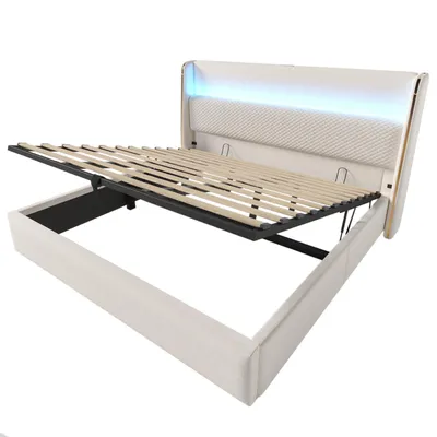 Produktbild von Flieks Hydraulisches Polsterbett 180x200cm mit USB/Type-C-Anschlüssen, Stauraumbett Doppelbett Jugendbett mit Led, Leinen, Beige