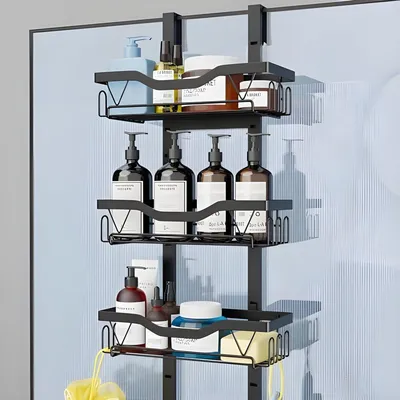 Produktbild von PolkaHome® Hängendes Duschregal 3 Ebenen – Edelstahl, Schwarz, 62x29x16 cm, für Glastüren, ohne Bohren