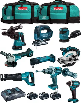 Produktbild von MAKITA Kit MK902 (DHP481 + DHR243 + DGA504 + DTD152 + DJV182 + DSS610 + DJR186 + DBO180 + DTM51 + 3x5,0 Ah + DC18RD + 2xLXT600)