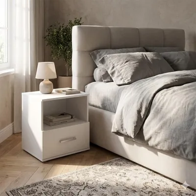 Produktbild von Nachttisch - Nachtkästchen - Nachtschrank - mit Schublade - 48x35x50 cm B/T/H - Weiß - Beistelltisch für Schlafzimmer - Bettkommode - GODA 1 s