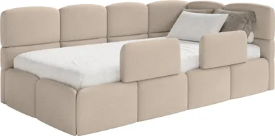 Produktbild von Selsey Cloudy – Kinderbett 120x200, Kopfteil rechts, Matratze & Bettkasten, Chenille Beige