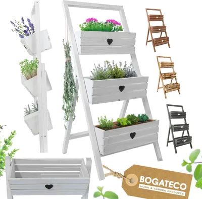 Image de BOGATECO Set de 3 pots de fleurs sur un support 110cm | Set de 3 pots de fleurs bac à plantes 40x18cm | Pot de fleurs en bois pour tomates et fleurs, pot de plantes pour jardin balcon |