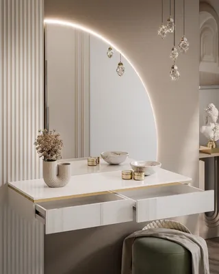A modern vanity table with drawers and a large backlit mirror.