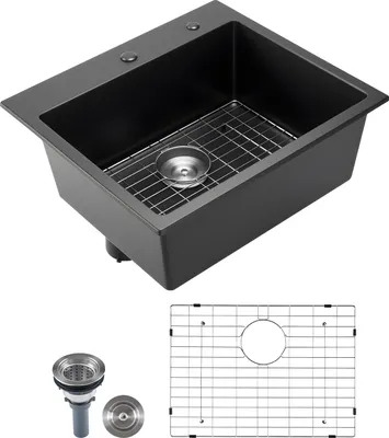 Obrázok produktu pre Kuchynský granitový drez SucceBuy (635 x 559 x 254 mm) na povrchovú montáž, vstavaný drez vo vidieckom štýle s príslušenstvom, drez pre obytné autá, prípravné kuchyne a bary, čierny