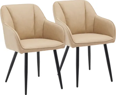 Two beige upholstered chairs with black legs are shown against a white background.