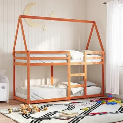 Produktbild von Etagenbett mit Dach Hausbett Holzbett für Kinder mit Rausfallschutz Bettgestell mit Lattenrost Massivholz Kiefer Ohne Matratze Wachsbraun 90 x 190 cm