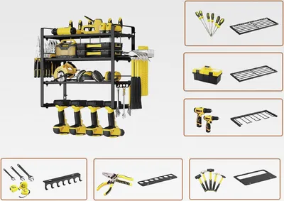 Produktbild von W-1701 4 Etagen 40cm Mittlere Größe Wandregal Metall Schwere Garage Werkzeug Werkstatt Organizer 4 Steckplätze Akkuschrauber Halterung Wand Werkzeugaufbewahrung mit 4 Bohrhaltern