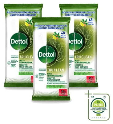 Productafbeelding van 3 x Dettol Tru Clean multifunctionele reinigingsdoekjes - Eucalyptus & Limoen - Biologisch afbreekbaar - Grote verpakking - 3 stuks
