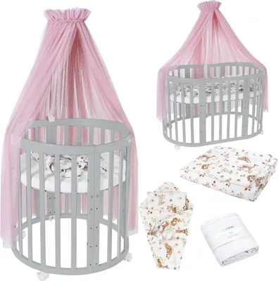 Produktbild von Waldin Babybett OWAL Kinderbett 7in1 mit Matratze, mitwachsendes Kinder-Bett,Stoffe Rosa Tiere,Holz grau