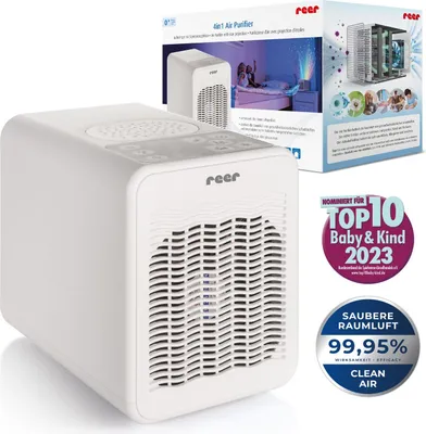 A white 4-in-1 air purifier is shown in the foreground, with a product box in the background. There are also marketing badges and text on the right side of the image.