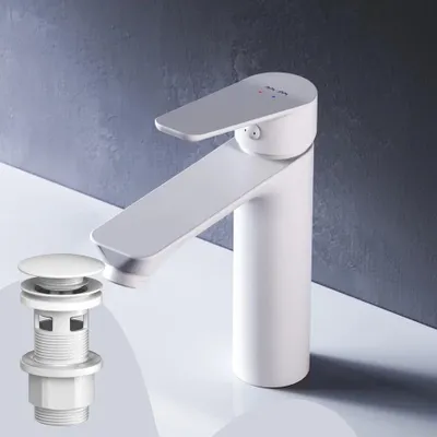 Productafbeelding van AM.PM Badarmatuur met pop-up afvoer voor wastafel, witte badkamer. Wastafelkraan met afvoer set, 1 1/4 inch, messing, afvoer