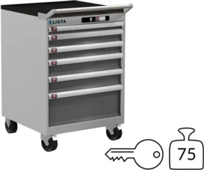 Produktbild von Lista Schubladenschrank - fahrbar - - 14.247.519 - 890 x 564 x 572 mm (HxBxT) - 6 Schubladen - 75 kg - Key Lock - RAL 7035/NCS S 6502-B