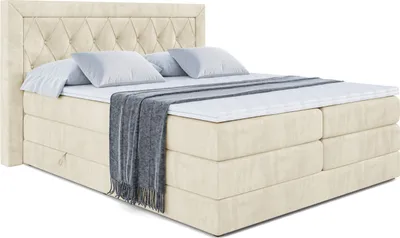 Produktbild von ALTDECOR Boxspringbett mit H3 Matratze-Bonellfederung, H4 Multipocket-Matratze (18 cm hoch) PUR, Topper (4 cm hoch), Polsterbett mit Kopfteil und Bettkasten - NOEL KING - 200x200 - Beige Samt