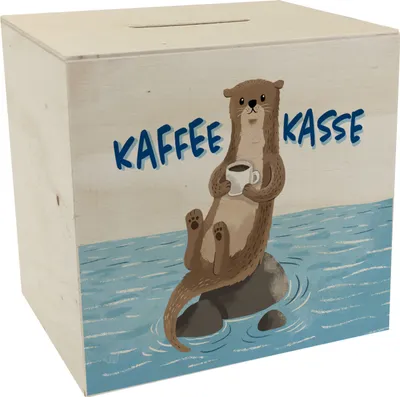 Produktbild von Kaffeekasse Spardose aus Holz mit niedlichem Otter