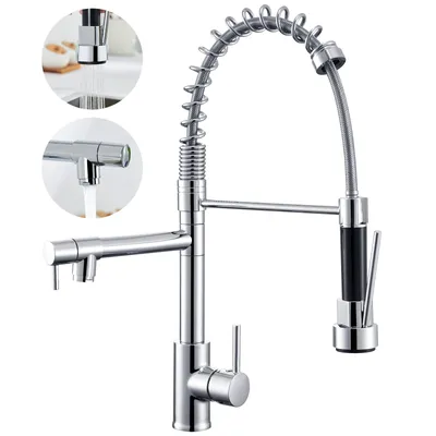 Produktbild von Auralum Profi Küchenarmatur mit Feder, 360° Schwenkbar Spültischarmatur, Zink-Kupfer Mischbatterie, 2 Strahlarten Wasserhahn, Chrom