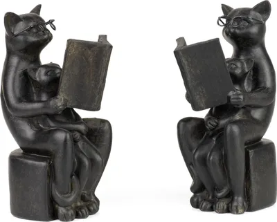 Image de Serre-livres Lot de 2 figurines de chats avec lunettes et livre en résine Décoration cadeau chat Figurine décorative noire Lecteur de chat pour bibliothèque table salon Moderne 15,5cm