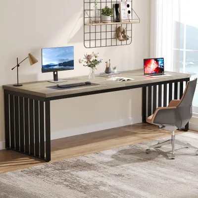 Immagine prodotto di Scrivania Tribesigns 180 cm, grande scrivania per computer tavolo da ufficio con robusta struttura in metallo, postazione di lavoro per l'ufficio di casa, grigio (senza sedia)