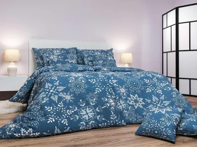 Produktbild von Leinen Krepp Schneeflöckchen grau-blau 140x200, 70x90 cm