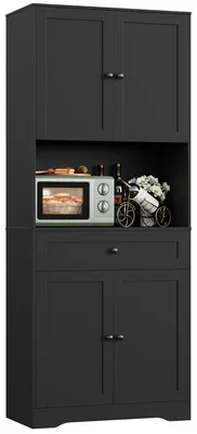 Obrázek produktu pro Kuchyňská skříňka – vysoká kuchyňská skříňka a spíž – 180 cm, 75 × 40 cm, 4 dvířka, 1 zásuvka, nastavitelné police, velká pracovní deska z dřevotřísky – černá