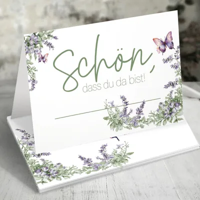 Produktbild von 50 Tischkarten 'Schön, dass du da bist', Floral Butterfly Lavendelgrün