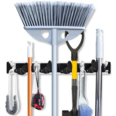 Imagen del producto de Soporte de pared para herramientas, con 4 compartimentos, 8 ganchos, ideal para el almacenamiento de herramientas en garajes y jardines