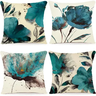 Produktbild von Kissenbezüge 45x45 cm Leinen-Mischgewebe 4er Set Abstrakte Blumen Outdoor Wohnzimmer