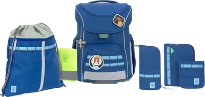 A collection of blue school bags and accessories arranged on a white background.