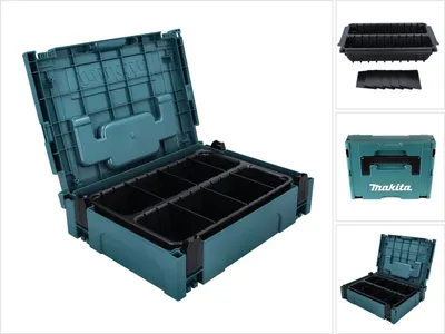 A collage of images showing a teal Makita Makpac storage case with a black insert, and a separate black insert.