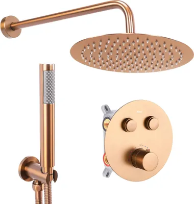 A shower set with a shower head, hand shower, and control panel, all in a brushed copper finish.